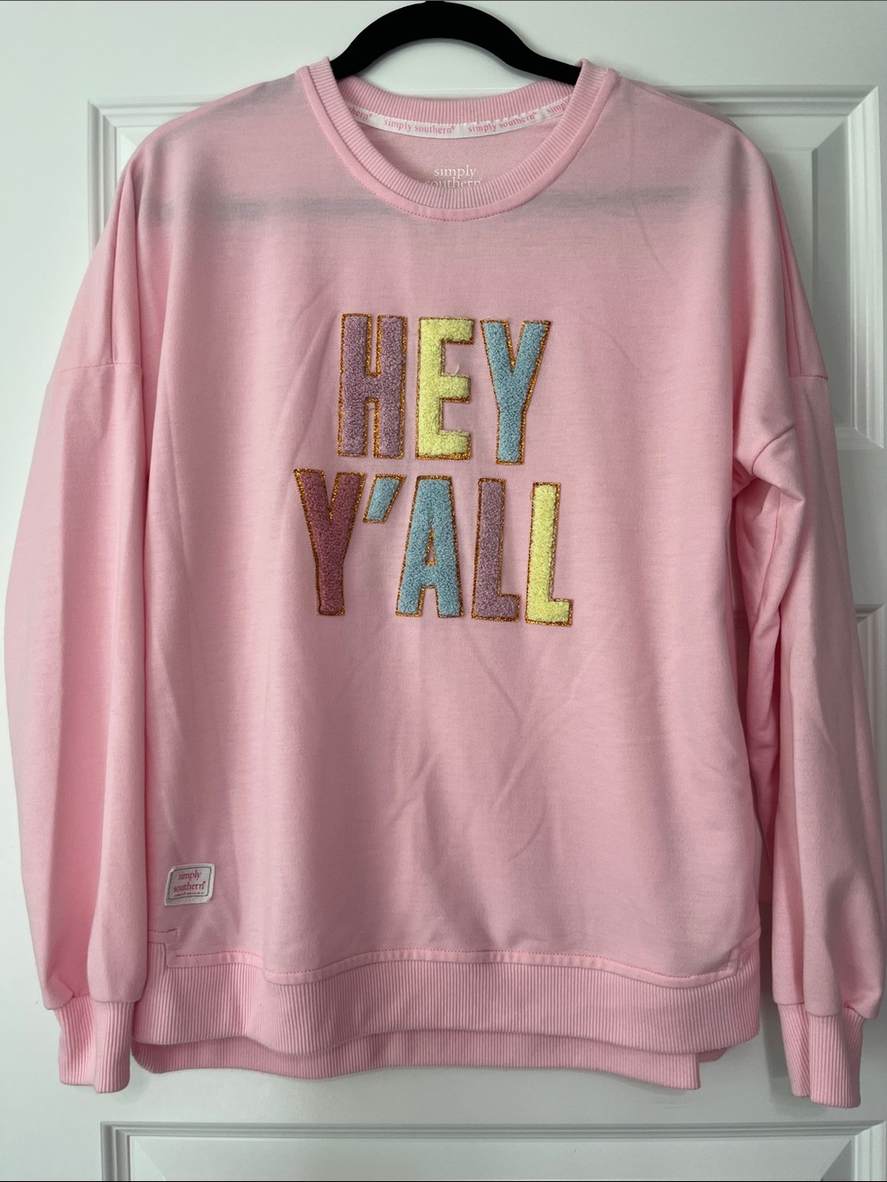 Simply Southern Pink Crewneck with Multicolor 'HEY Y'ALL' Embroidery